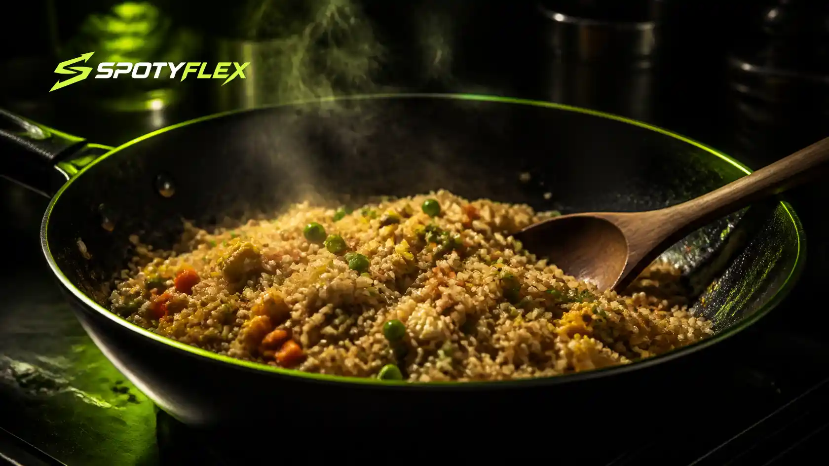 A pan of egg fried rice with peas, corn and carrot pieces.